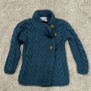 Aran Crafts Blue Cable Knit Sweater Asymmetrical Design